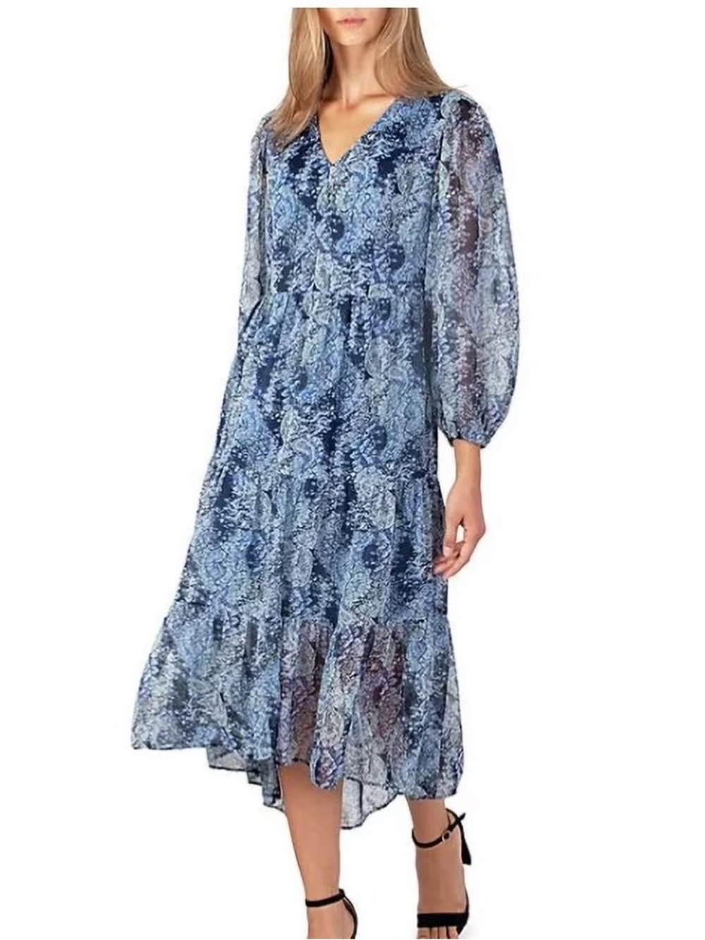 Joie Blue Printed V-Neck Long Sleeve Midi Dress